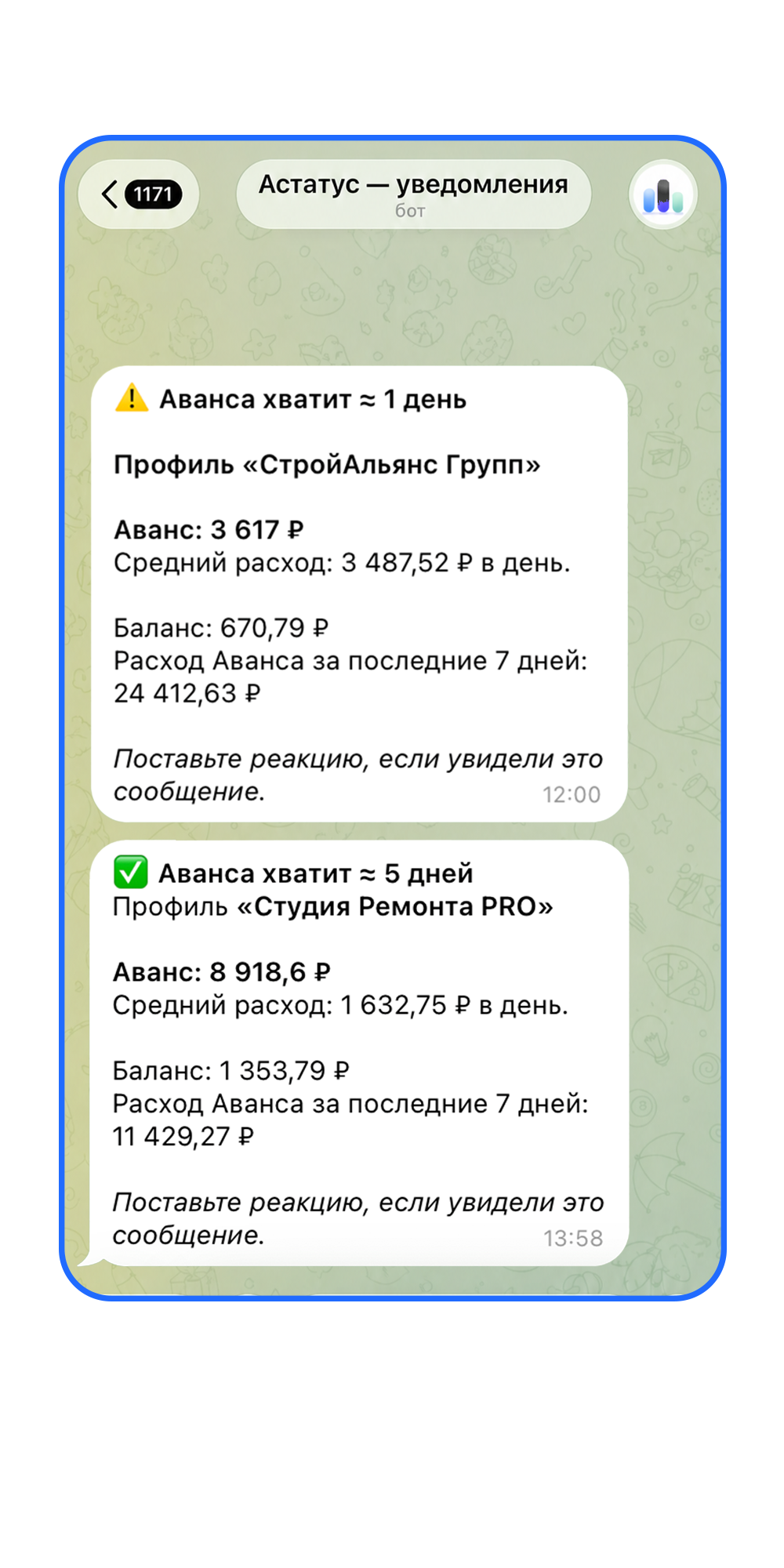 Пример уведомлений Астатус о состоянии аванса