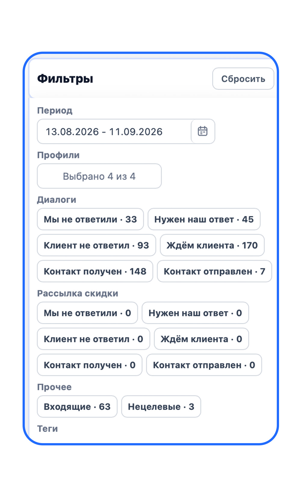 Фильтры истории сообщений по периоду, профилям и статусам диалогов